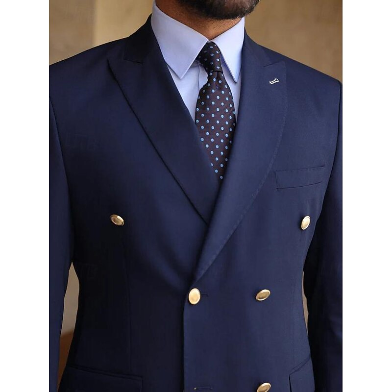 Men's Wedding Party Suits Dark Blue Business Formal Solid Colored Tailored Fit 2 Piece Double Breasted Six-buttons3
