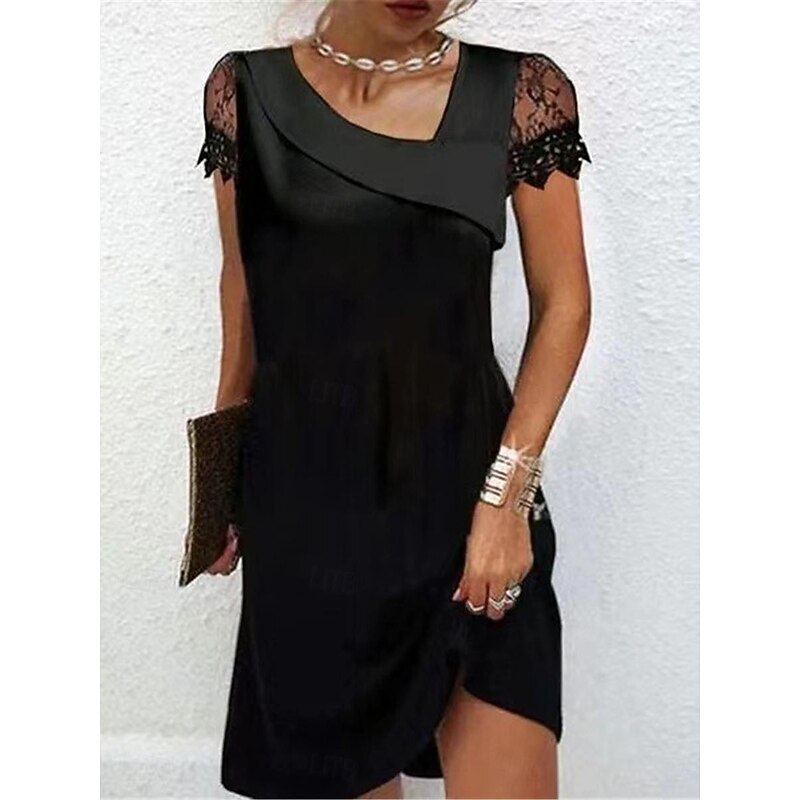 Women's Black Dress Mini Dress Lace Patchwork Date Streetwear Basic V Neck Short Sleeve Black Color