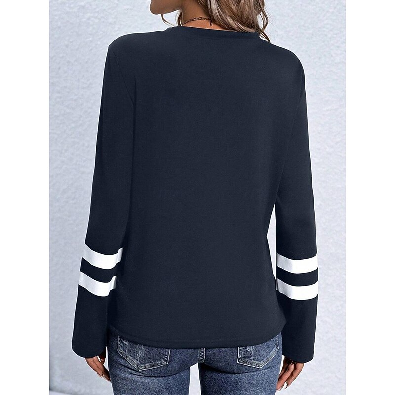 Women's T shirt Crew Neck Long Sleeve Tunic Casual Print Regular Tops Daily Navy Blue Spring Fall2