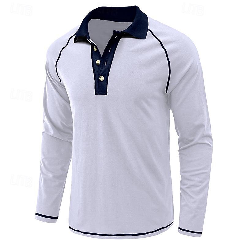 Men's Polo Shirt Golf Shirt Work Casual Lapel Classic Long Sleeve Basic Modern Color Block Patchwork Button Spring & Summer Regular Fit Army Green Dark Grey Black White Burgundy Navy Blue Polo Shirt3