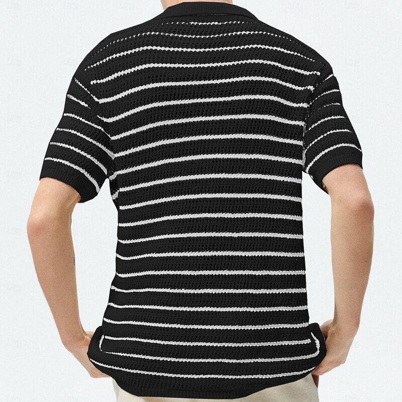Men's Polo Knit Polo Sweater Business Casual Lapel Short Sleeve Fashion Stripes Button Front Summer Black Polo4