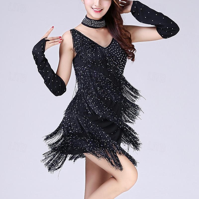 Latin Dance Dress Tassel Splicing Sequins Women's Performance Training Sleeveless High Polyester Taffeta