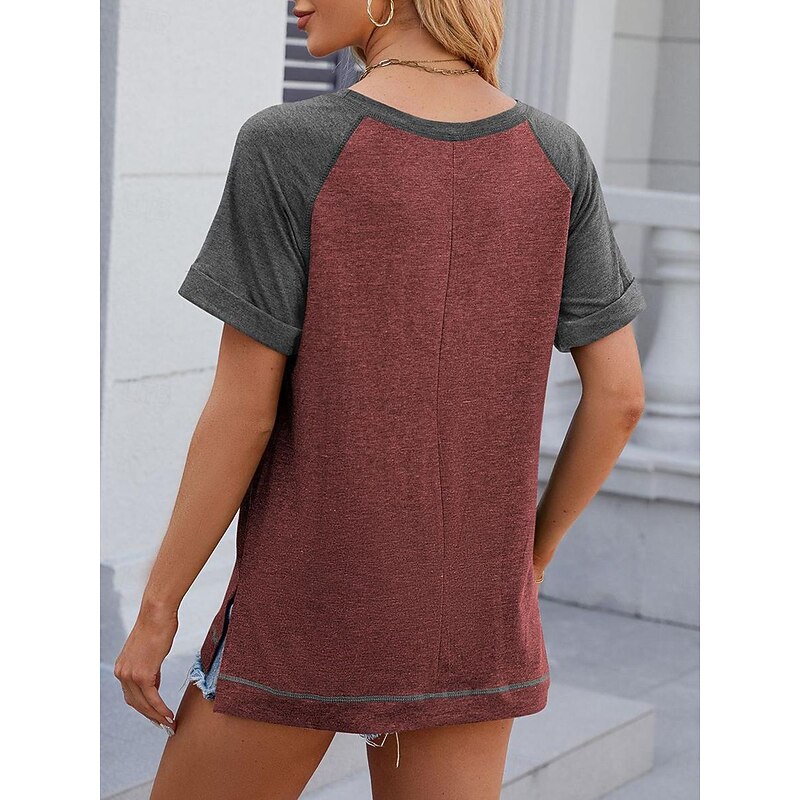 Women's T Shirt Color Block Casual Short Sleeve Crew Neck Long Tops Daily Print White Wine Gray Summer2