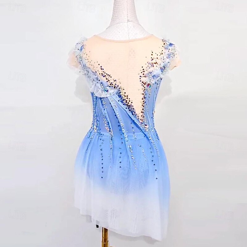 Figure Skating Dress Women's Girls' Ice Skating Dress Blue Patchwork Thumbhole Mesh High Elasticity Training Competition Skating Wear Classic Sleeveless Ice Skating Figure Skating2