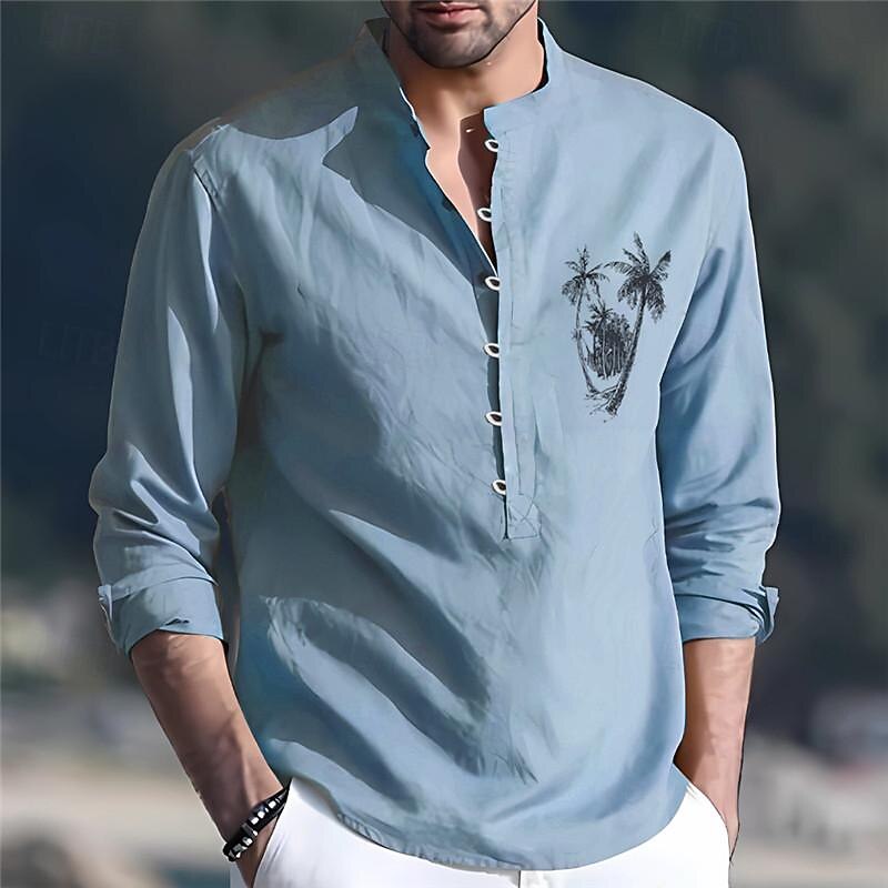Men's Shirt Linen Shirt Minimalist Aloha Shirt Chinese Collar Shirt Mandarin Collar Shirt Popover Shirt Coconut Tree Vacation Hawaiian Black Blue Long Sleeve Stand Collar Spring &  Fall Clothing2
