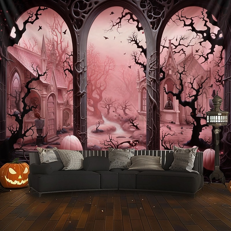Pink Halloween Decorations Window Hanging Tapestry Wall Art Large Tapestry Mural Decor Photograph Backdrop Blanket Curtain Home Bedroom Living Room Decoration 14