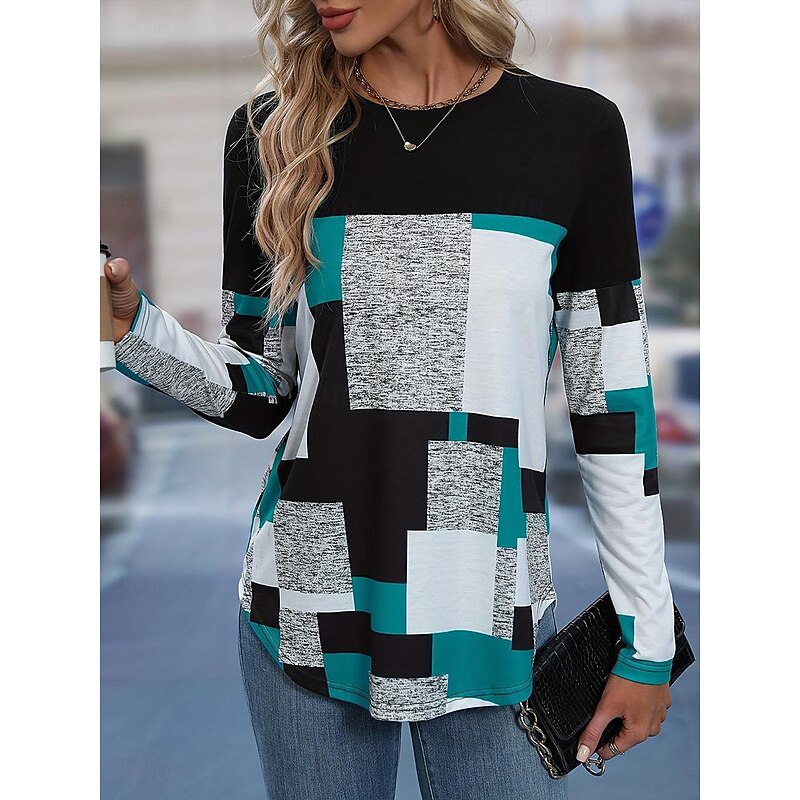 Women's Stylish Color Block Striped Print Regular Tops Daily Black+White+Gray Red Orange Spring Fall Prefall4