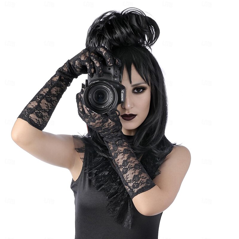 Lydia Deetz Cosplay Costume Party Wig Bride Fluffy Buns curly Women's Black Medium Long straight Beetle Wig with bangs Halloween Costume Accessories (Black/Lydia)2