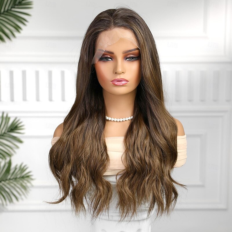 Synthetic Lace Wig Curly Style 26 inch Brown / Blonde Middle Part 13x6 Lace Front Wig All Wig Dark Brown2
