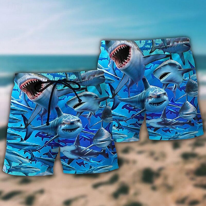 Men's Shark Graphic Prints Swim Trunks Swim Shorts Board Shorts Mid Waist Hawaiian Boho Casual Daily Holiday Drawstring with Mesh lining Elastic Waist Designer Clothing Apparel