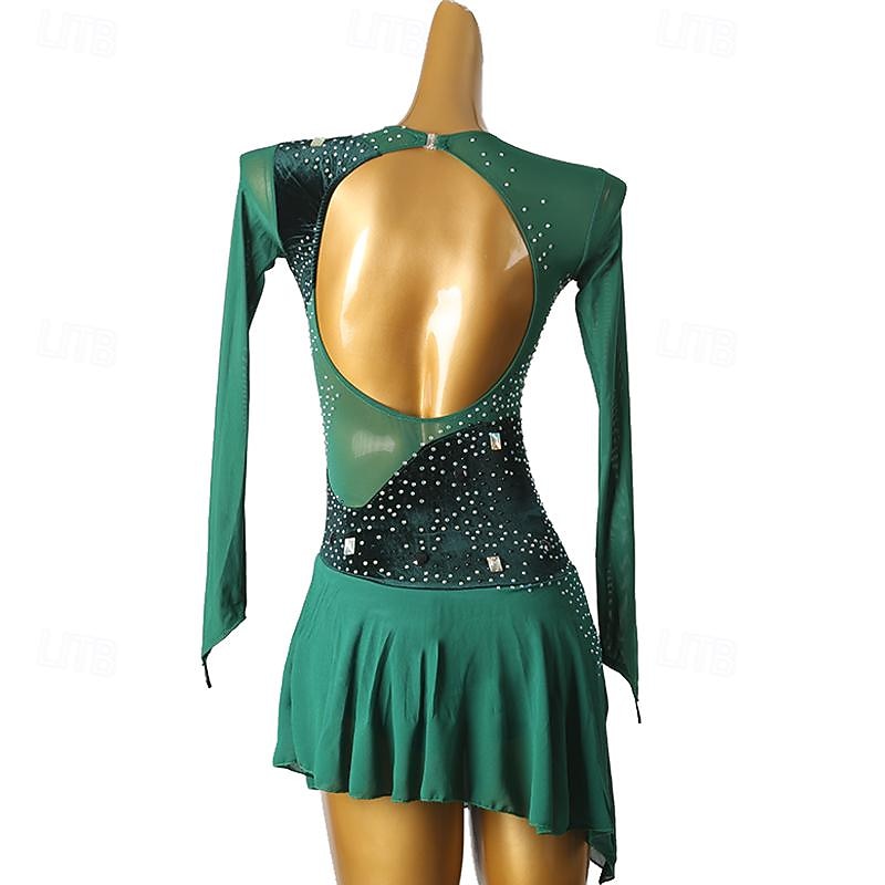Figure Skating Dress Women's Girls' Ice Skating Dress Dark Green Patchwork Open Back Mesh Spandex High Elasticity Training Practice Professional Skating Wear Classic Crystal / Rhinestone Long Sleeve4