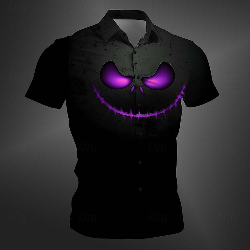 Halloween Men's Pumpkin Halloween Costumes Shirt Button Up Shirt Short Sleeve Casual Dark Vacation Party Evening Wear Daily Summer Winter Spring &  Fall Turndown Button Up 3D Print Purple Orange Green3