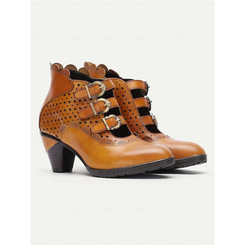 Women's Vintage Buckle Strap Ankle Boots - Brown Perforated High Heels for Oktoberfest, Casual, and Formal Wear3
