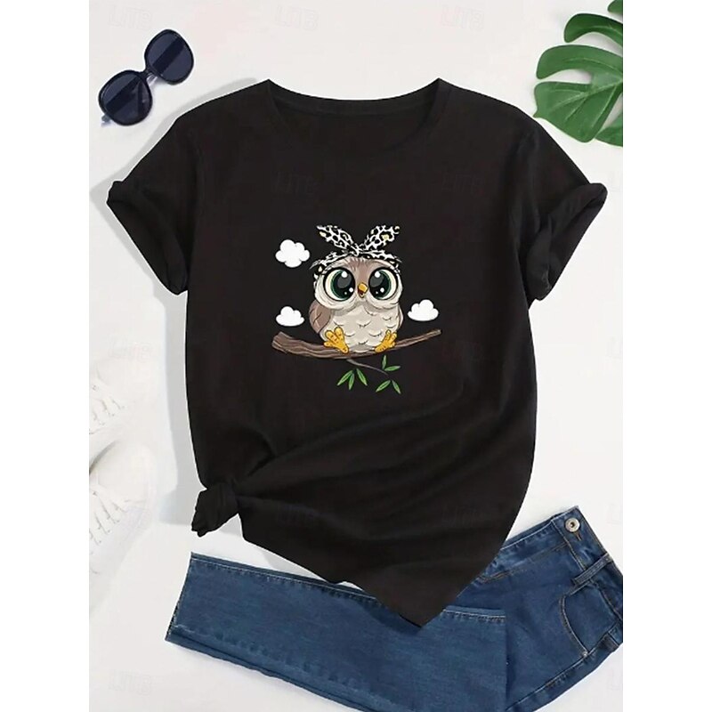 Women's T shirt Tee 100% Cotton Owl Daily Casual Short Sleeve Black Summer4