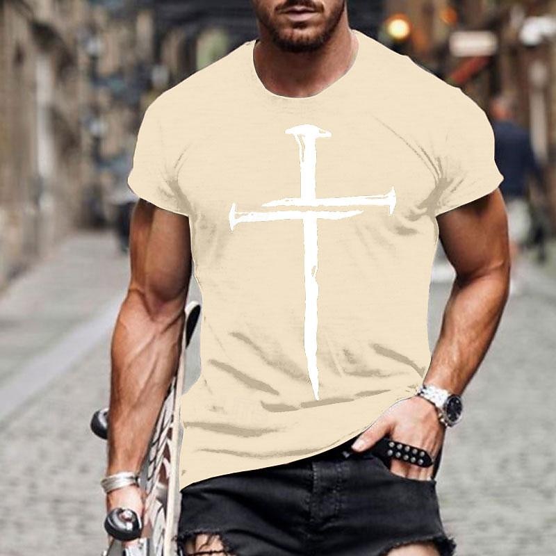 Men's Casual Short Sleeve Graphic T-Shirt with Beige Nail Cross Faith Design2