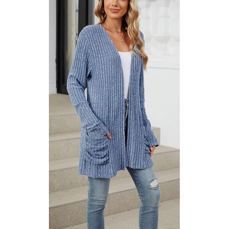 Women's Cardigan Elegant Casual Solid Color Ribbed Open Front Pocket Long Sleeve Regular Tops Knit Work Daily Black Army Green Spring Fall3