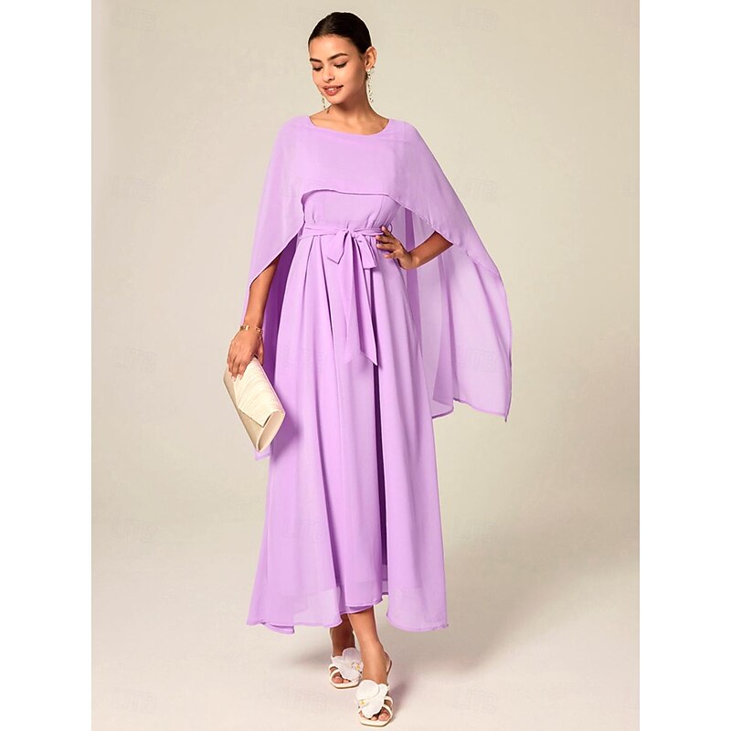 Women's Wedding Guest Cocktail Dress A Line Maxi  Chiffon Belted Elegant Formal Crew Neck Dress Light Purple Color2