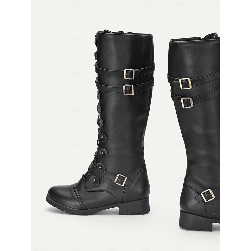 Women's Vintage Gothic Combat Boots - Black Buckle Strap Knee-High Boots for Cosplay and Daily Wear3