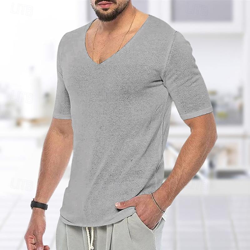 Men's T Shirt Tee Knit Tee Tee Top Short Sleeves V Neck Summer Plain Fashion Designer Basic Knitting Vacation Street Going out Black White Grey Top Tee for Men2