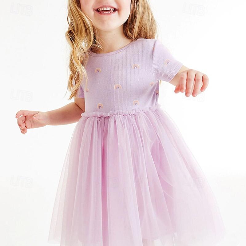 Girls' 3D Rainbow Dress Short Sleeve Summer Vacation Daily Holiday Princess Beautiful Sweet Kids 4-7 Years Casual Dress A Line Dress Knee-length Regular Fit2