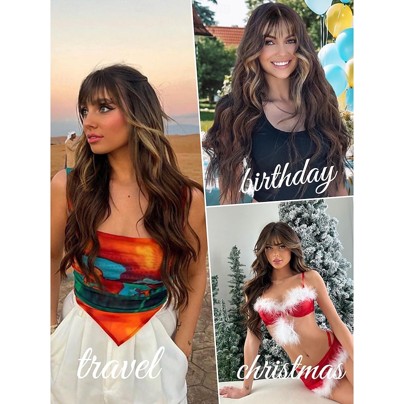 Brown Wig with Bangs for Women Long Wavy Hair Wig Brown Highlight Wig Curly Wavy Synthetic Wigs for Girls Daily Party Use Halloween Wigs4