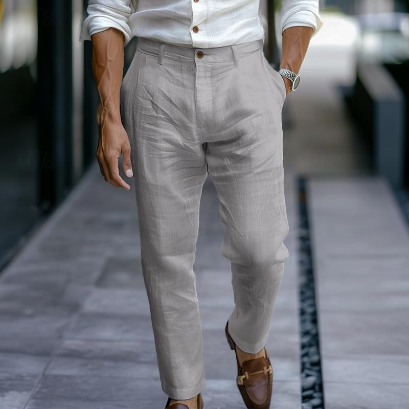 Men's Linen Pants Trousers Dress Pants Summer Pants Buttons Straight Leg Plain Comfort Breathable Full Length Business Daily Streetwear Stylish Black White2