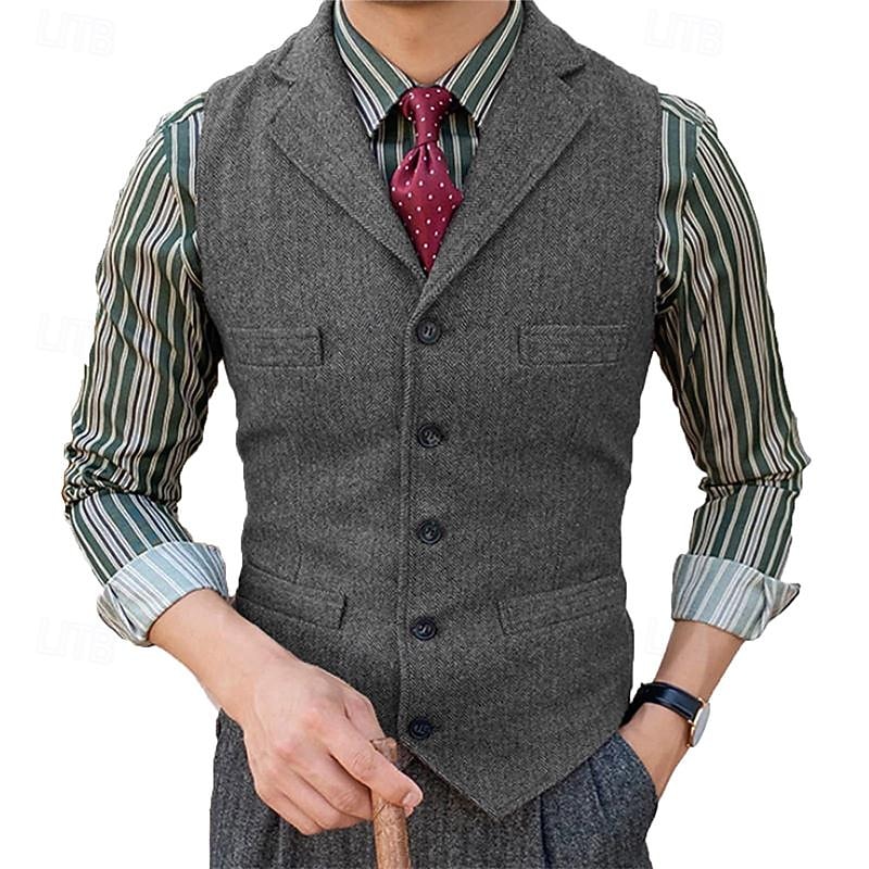 Men's Vest Gilet Wedding Event / Party Daily Fashion Business Spring &  Fall Button Pocket Polyester Comfortable Plain Single Breasted One-button Lapel Regular Fit Black Dark Gray Vest2