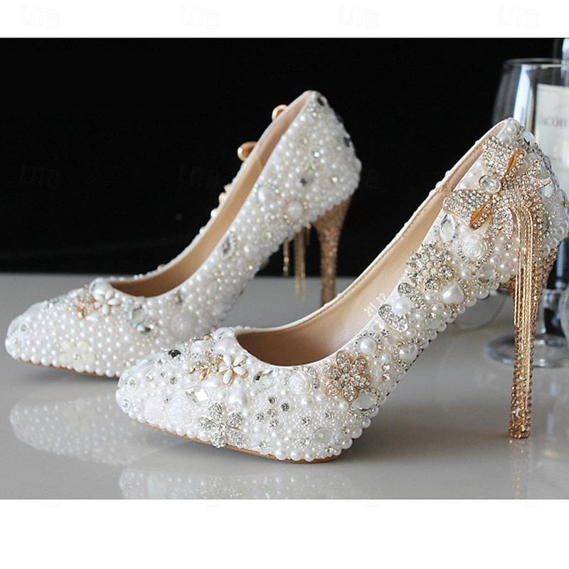 Elegant White Rhinestone and Pearl Bridal Heels for Women – Wedding Shoes with Crystal-Embellished Stiletto and Bow Detail4