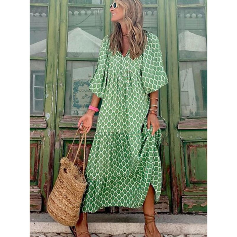 Women's Geometric Print V Neck Lantern Sleeve Maxi Dress Casual Daily Vacation 3/4 Length Sleeve Summer Spring2
