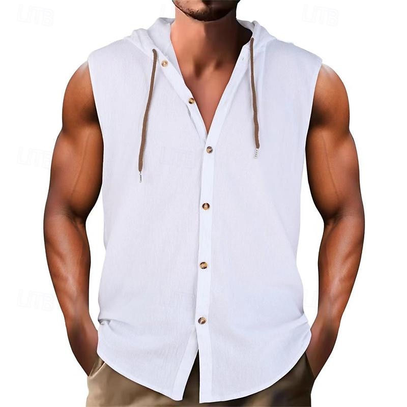 Men's Tank Top Vest Top Undershirt Sleeveless Shirt Sleeveless V Neck Hooded Spring & Summer Plain Fashion Designer Basic Vacation Street Going out Black White Khaki Top Tee for Men