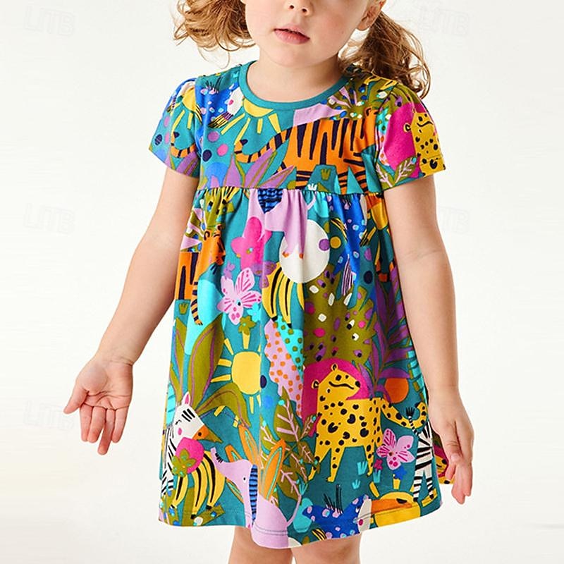 Girls' 3D Animal Cartoon Dress Short Sleeve Summer Vacation Daily Holiday Princess Beautiful Sweet Little Kids(4-7ys) 4-7 Years Casual Dress Above Knee Regular Fit