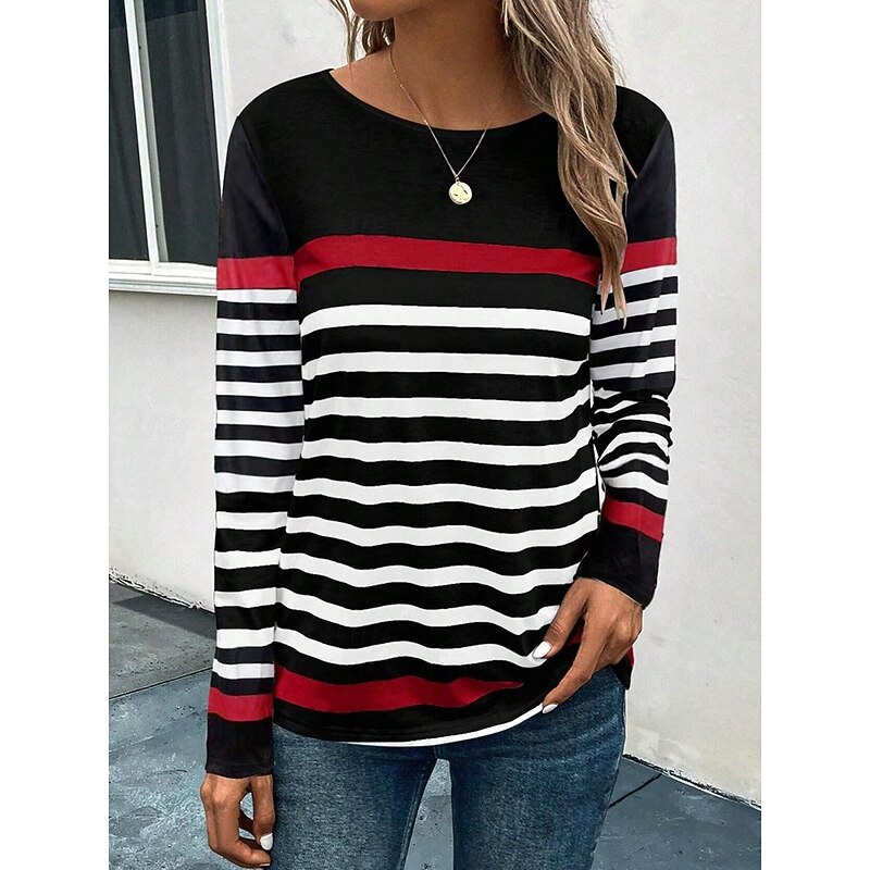 Women's T shirt Long Sleeve Crew Neck Long Sleeve Tunic Casual Print Regular Tops Daily Black Blue Orange Spring Fall Prefall4
