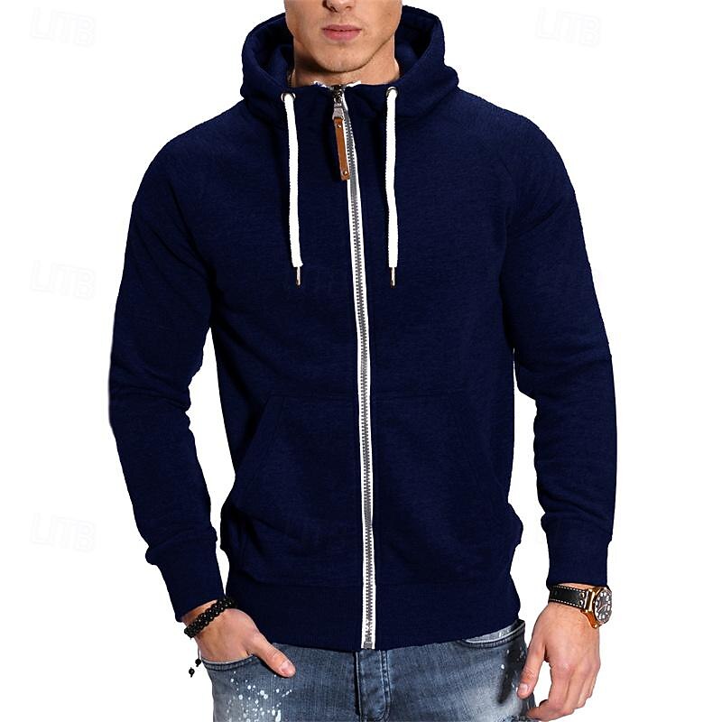 Men's Full Zip Hoodie Zip Up Hoodie Black Navy Blue Light Grey Dark Gray Hooded Plain Zip Up Front Pocket Sports & Outdoor Daily Holiday Polyester Streetwear Basic Casual Spring &  Fall Clothing4
