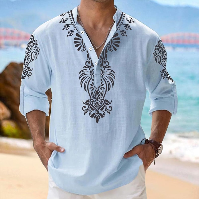 Men's Shirt Button Up Shirt Henley Shirt Long Sleeve Tribal Fashion Casual Beach Vacation Causal Casual Summer Spring &  Fall Mandarin Collar Band Collar Buttons Print White Yellow Blue Beige