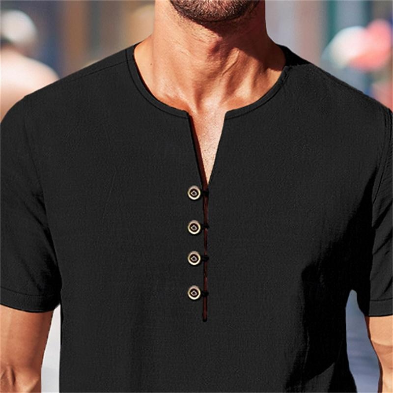 Men's Shirt Linen Shirt Summer Shirt Beach Shirt Solid Color Casual Daily Black White Short Sleeve Round Neck Summer Spring Clothing Apparel4