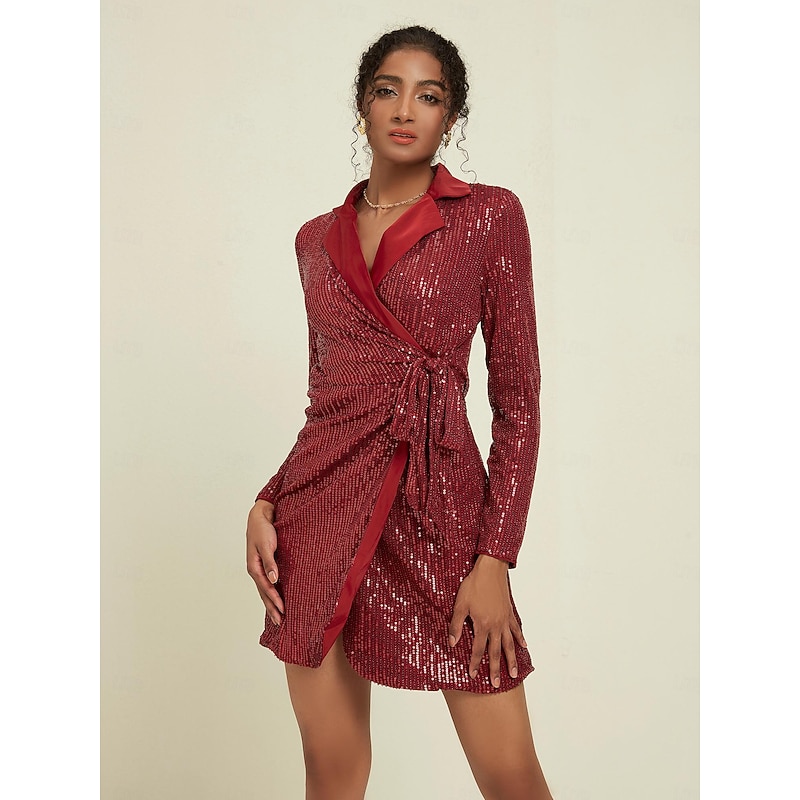 Black Sequin Deep V Wedding Guest/Party/Birthday Long Sleeve Mini Dress Wrap Dress dress to impress 20242