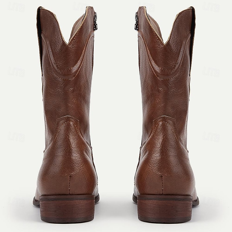 Men's PU Leather Western Cowboy Boots - Classic Brown Mid-Calf Boots for Casual and Formal Wear4