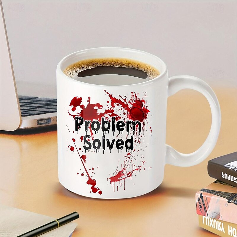 Halloween Blood Coffee Mug 11 oz Problem Solved Ceramic Cup Spooky Design Perfect for Halloween Gift Durable and Microwave Safe4