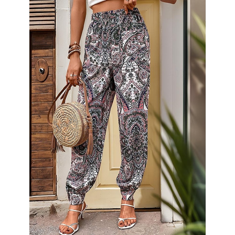Women's Joggers Pants Trousers Casual Daily Long Paisley Pocket Split Print Breathability Comfortable Inelastic Vacation Weekend Green Spring & Summer Regular Fit