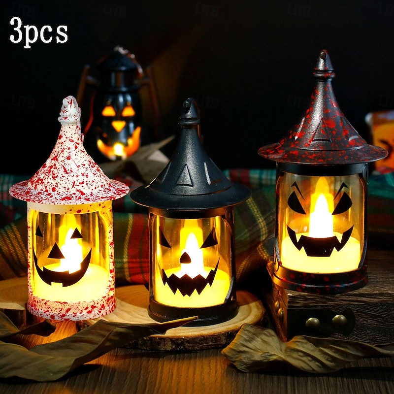 Halloween Pumpkin Lantern Electronic Candle Light Jack O Lantern Light Up Pumpkin Night Lamp Wind Lamp Grimace Pattern Halloween Party Atmosphere Decoration 1/3/5pcs3