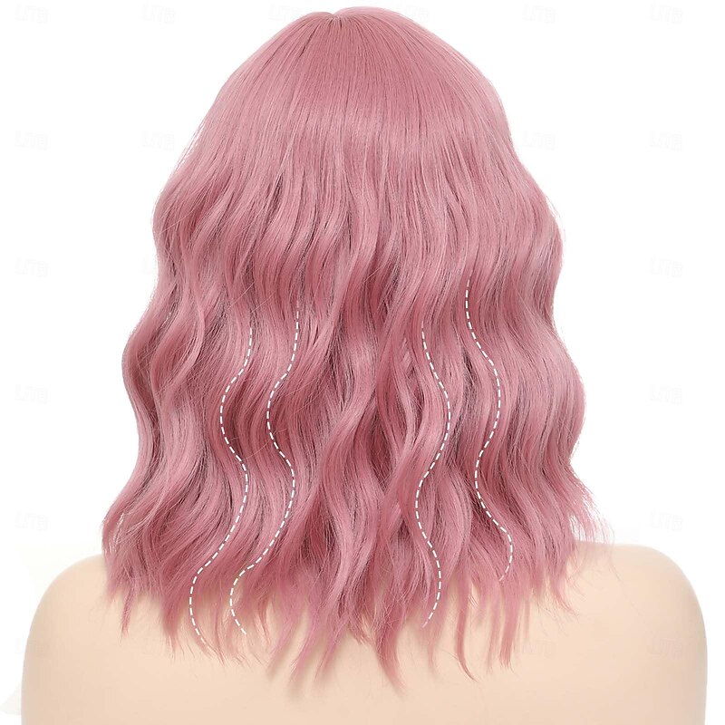 Bob Wig With Bangs Short Wavy Pink Wigs For Women Medium Length Synthetic Cosplay Bang Wig Fun Party Colored Hair Wigs(Pink, 12 Inch) Halloween Wigs2