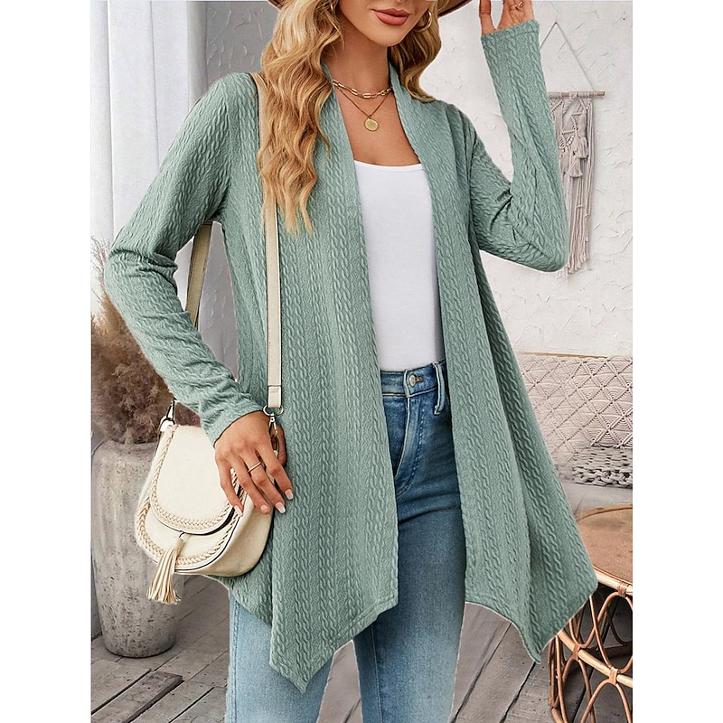 Women's Cardigan Elegant Casual Solid Color Plain Waffle Open Front Asymmetric Hem Long Sleeve Regular Tops Knit Daily Pink Green Spring Fall