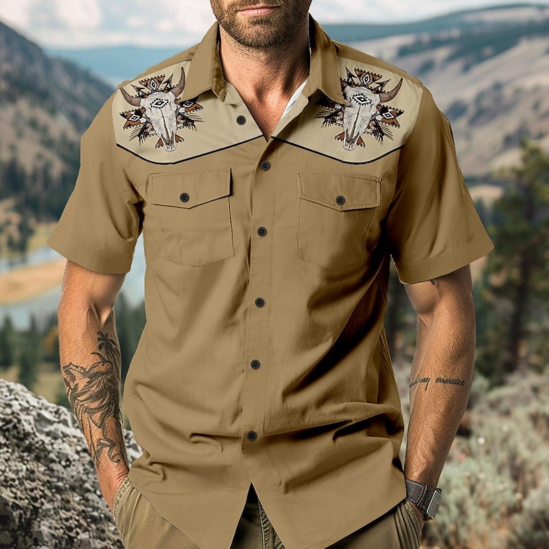 Men's Cowboy Shirt Western Shirt Cowboy Shirt Short Sleeve Western Style Outdoor Summer Spring Shirt Collar Black Brown Khaki3