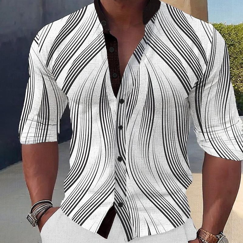 Men's Geometric Pattern Shirt Button Up Shirt Long Sleeve Casual Daily Holiday Summer Spring &  Fall Standing Collar Buttons Print White