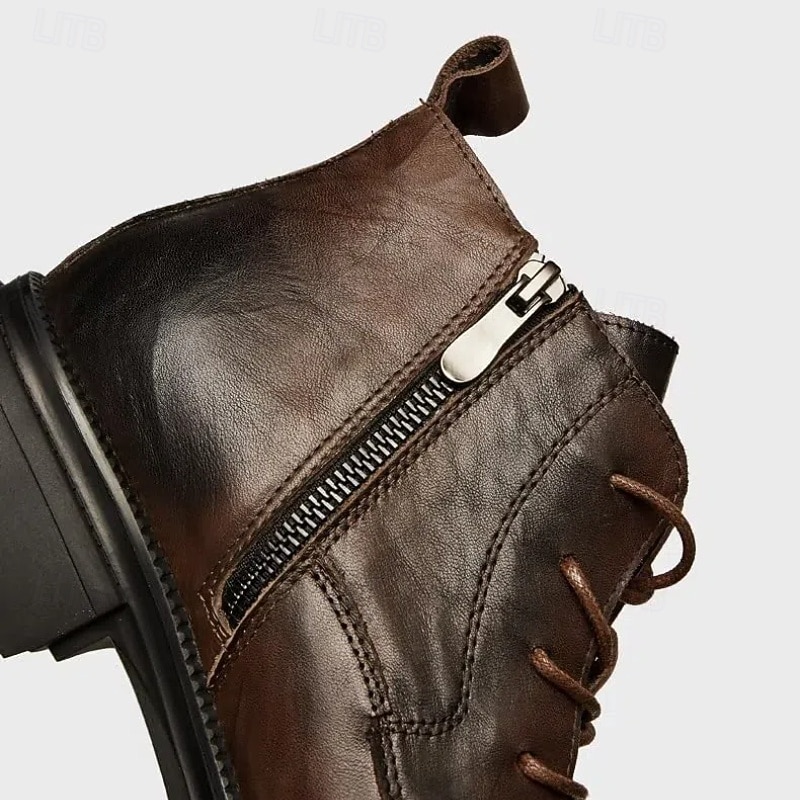 Men's Vintage Brown Leather Ankle Boots with Lace-Up Design, Zipper Closure, and Rugged Non-Slip Sole for Outdoor and Casual Wear2