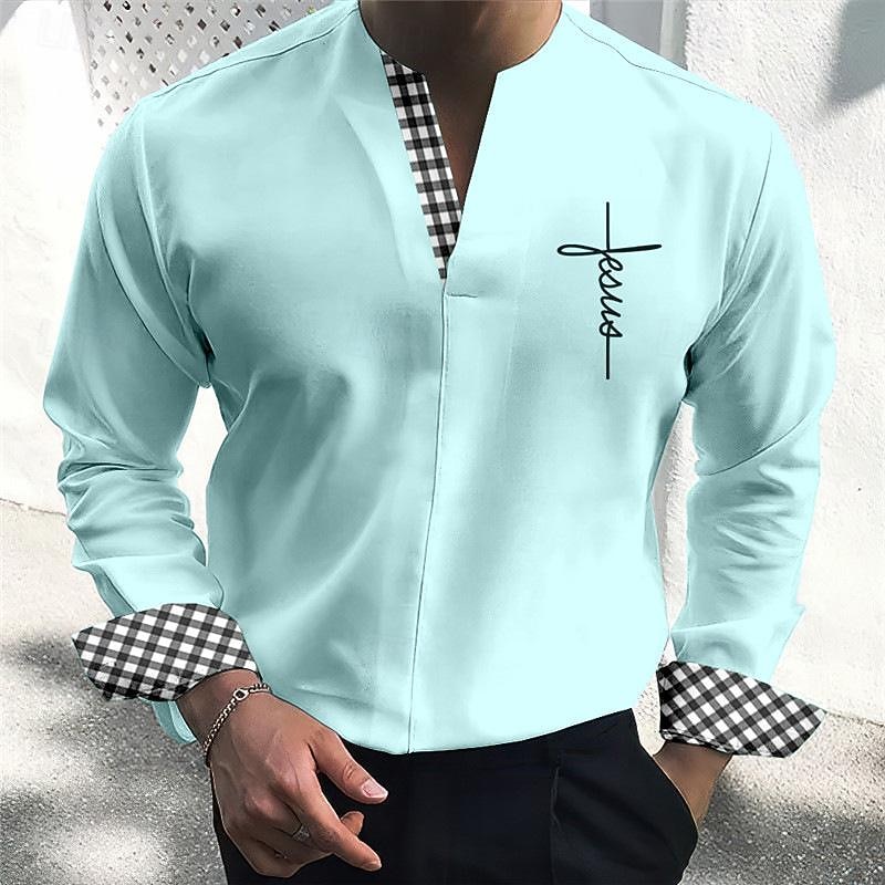 Men's Shirt Summer Shirt Casual Shirt Sky Blue khaki Gray Light Blue Long Sleeve Plaid Color Block Faith V Neck Holiday Vacation Patchwork Clothing Apparel Fashion Chinese Style Casual Comfortable