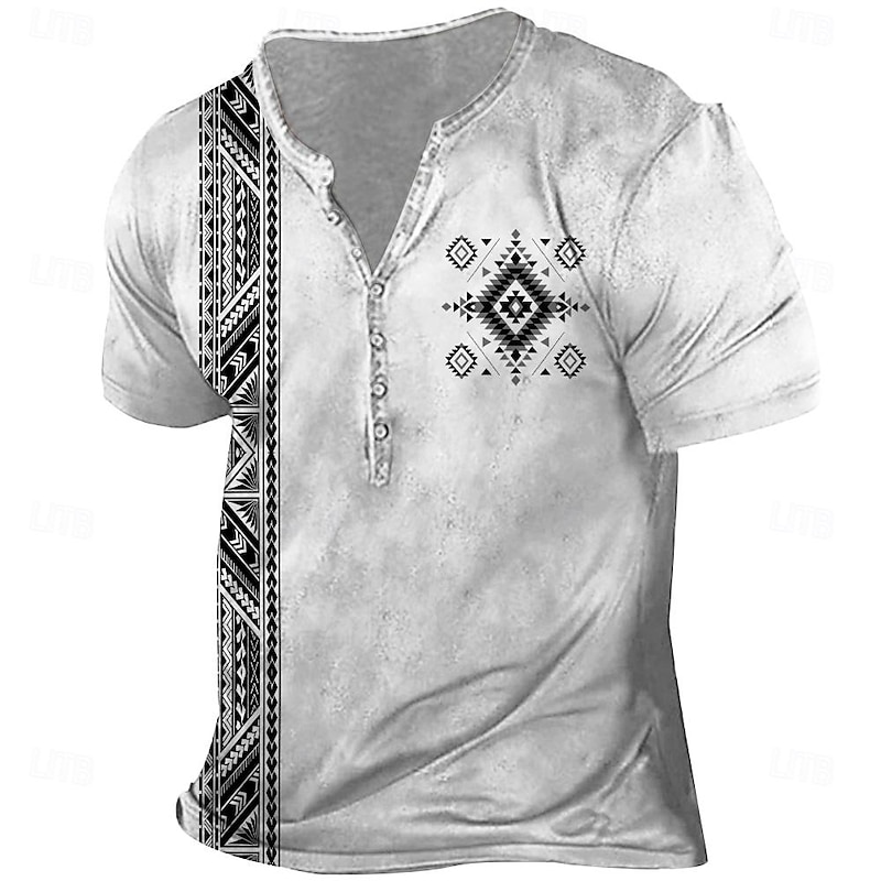 Men's Aztec T Shirt Short Sleeve 3D Print Vintage Daily Summer Spring Fall White Blue Brown Henley Collar Henley T-Shirt2