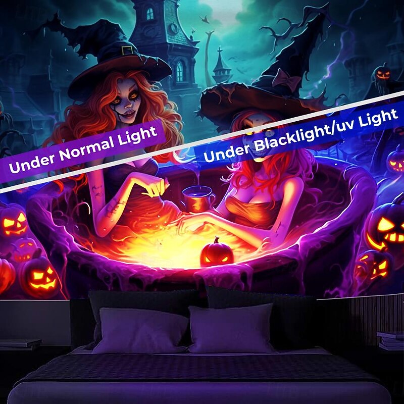 Halloween Decorations Pumpkin Blacklight Tapestry UV Reactive Glow in the Dark Trippy Misty Hanging Tapestry Wall Art Mural for Living Room Bedroom Poison Witch4