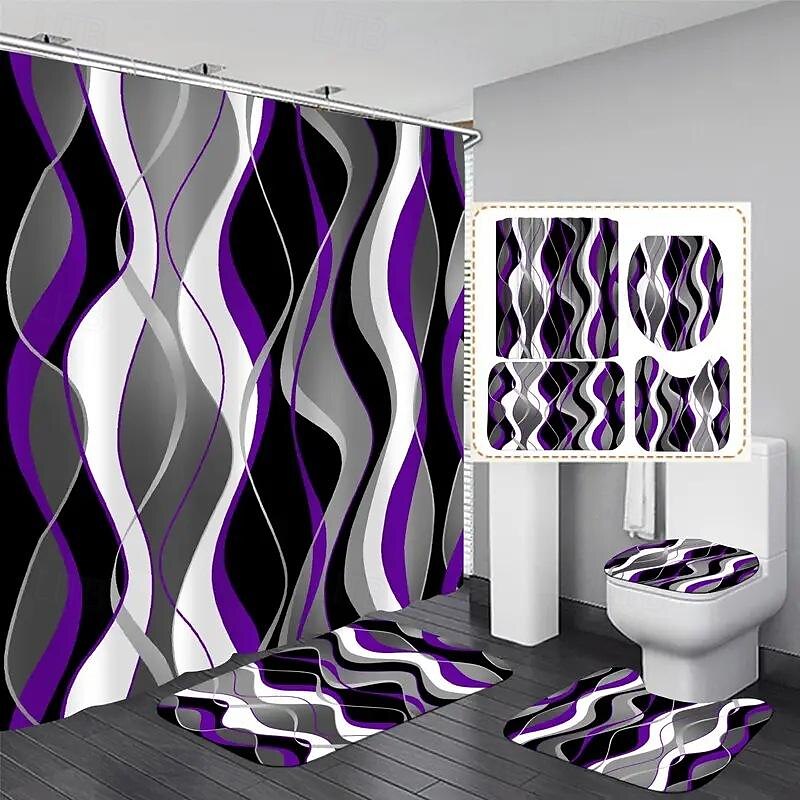 Shower Curtain 180cm*180cm(70"*70"),Watercolor Polyester Waterproof, Non-slip Floor Mat, Toilet Seat, Bathroom Mat & 12 Plastic Hooks, for Bathroom Bathtub Decoration4