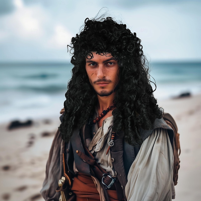 Pirate Wig Long Black Wavy Curly Captain Halloween Punk Rock adult Cosplay3